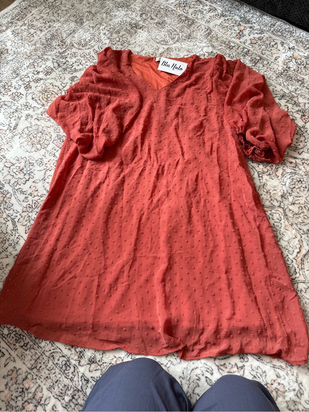 Rust Brown Orange Swiss Dot Puff Sleeve V-Neck Top